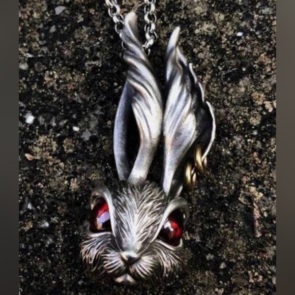 Punk Rock Rabbit- Bunny Hare Red Garnet Eyes Pierced Ears Animal Silver Necklace - Picture 7 of 16